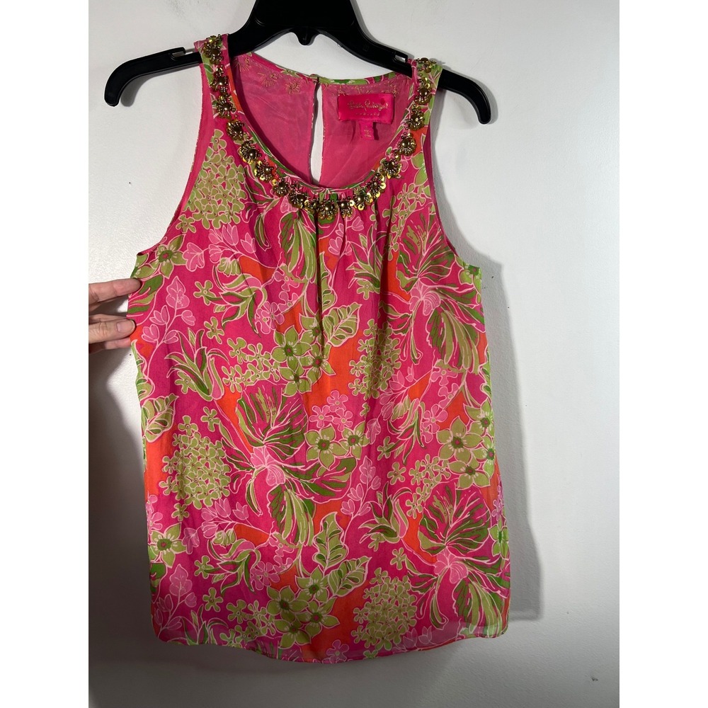 Womens Lilly Pulitzer‎ Jubilee Floral Beaded Silk Tank Top Pink Green 4 Lined